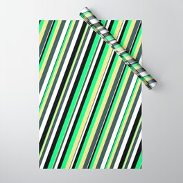 [ Thumbnail: Vibrant Green, Tan, Dark Slate Gray, White, and Black Colored Striped/Lined Pattern Wrapping Paper ]