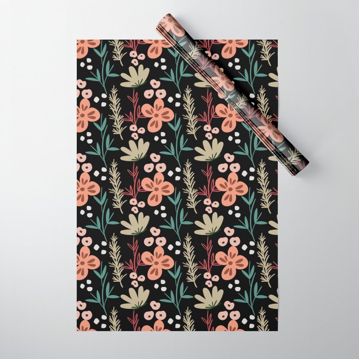 Aesthetic Floral Pattern Black Red Green Wrapping Paper by