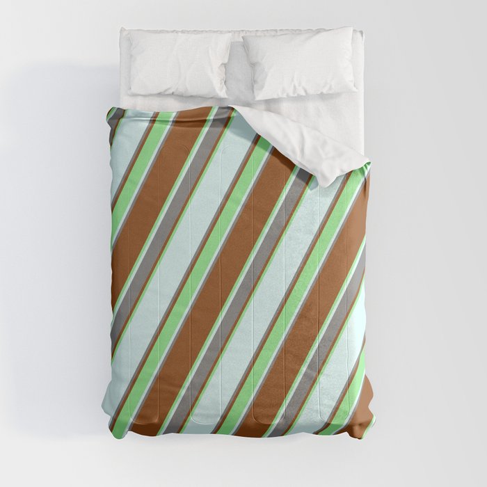 Brown, Light Green, Light Cyan, and Grey Colored Lined Pattern Comforter