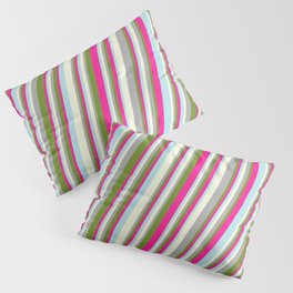 [ Thumbnail: Beige, Dark Gray, Green, Deep Pink, and Powder Blue Colored Stripes Pattern Pillow Sham ]