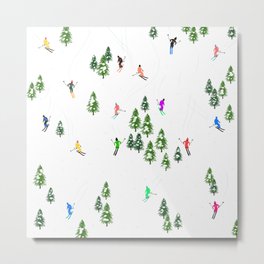 ⭐⭐⭐⭐⭐ Retro Alpine Skiers Illustration I - Ski resort fun Metal Print | Digital, Winter, Modern, Retro, Skiing, Skiholiday, Skier, Painting, Skis, Drawing 