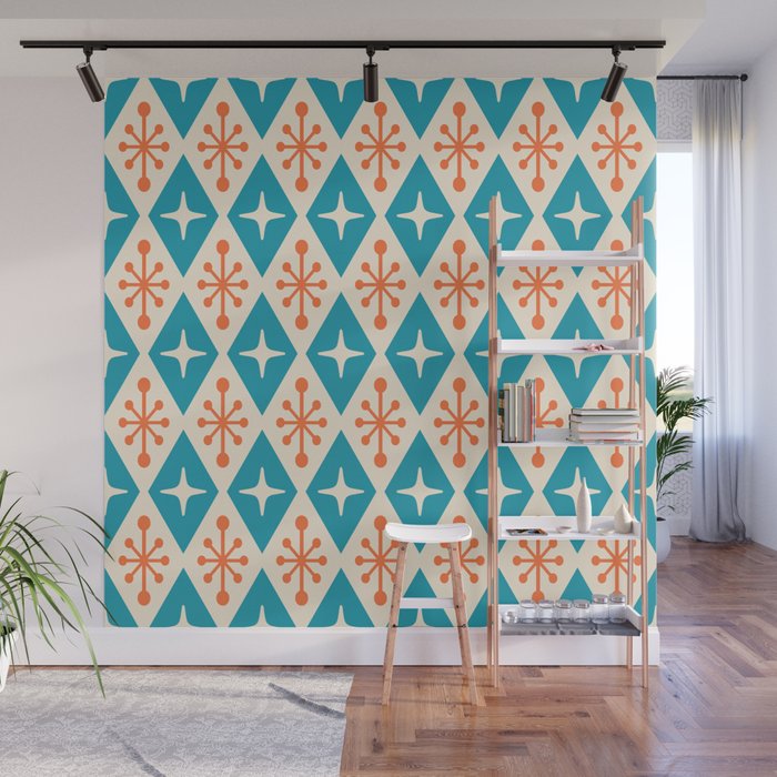 Mid Century Modern Atomic Age Googie Pattern 107 Turquoise and Orange Wall Mural