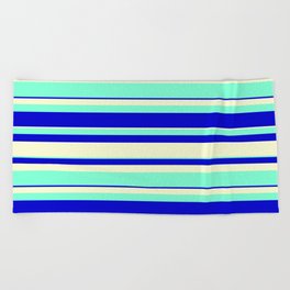 [ Thumbnail: Light Yellow, Aquamarine, and Blue Colored Striped/Lined Pattern Beach Towel ]