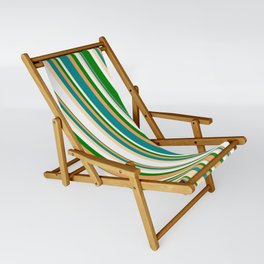 [ Thumbnail: Vibrant Brown, Dark Cyan, Tan, White & Green Colored Striped Pattern Sling Chair ]