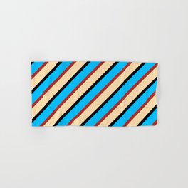 [ Thumbnail: Tan, Black, Deep Sky Blue & Brown Colored Striped Pattern Hand & Bath Towel ]