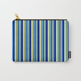 [ Thumbnail: Deep Sky Blue, Dark Goldenrod, Turquoise & Dark Blue Colored Striped/Lined Pattern Carry-All Pouch ]