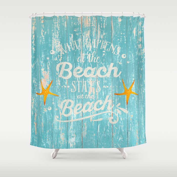 Happy Beach Life- Saying on aqua wood Shower Curtain