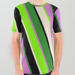 [ Thumbnail: Colorful Green, Beige, Black, Forest Green, and Orchid Colored Stripes/Lines Pattern All Over Graphic Tee ]