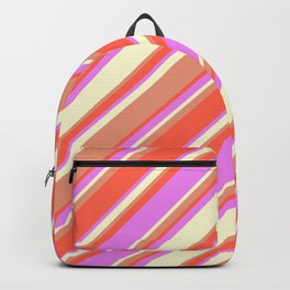 [ Thumbnail: Dark Salmon, Red, Violet, and Light Yellow Colored Lined/Striped Pattern Backpack ]