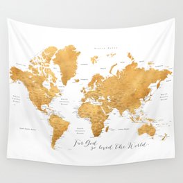 For God so loved the world, world map in gold Wall Tapestry