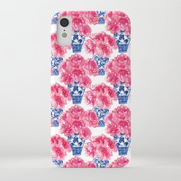 Watercolor Peony Bouquets in Blue Vases on Crisp White iPhone Case | Preppy, Fresh, Luxurious, Spring, Office, Chinoiserie, Watercolor, Grandmillennial, Bedroom, Blueandwhite 