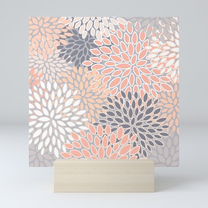 Flowers Abstract Print, Coral, Peach, Gray Mini Art Print