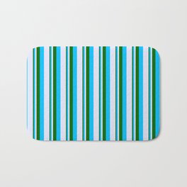 [ Thumbnail: Dark Green, Deep Sky Blue & Lavender Colored Lined/Striped Pattern Bath Mat ]