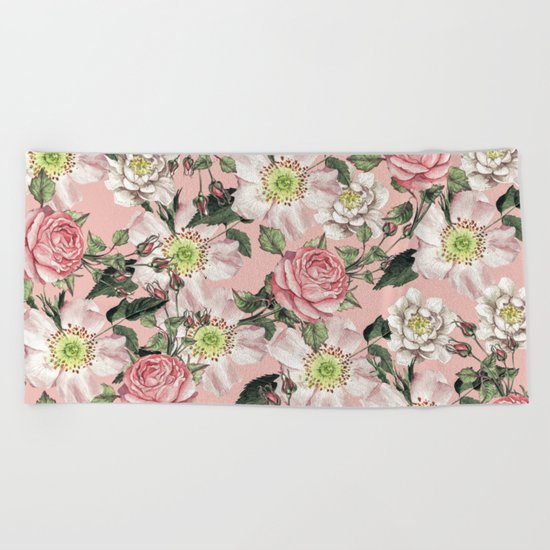 Vintage Rose Pattern Pink Beach Towel