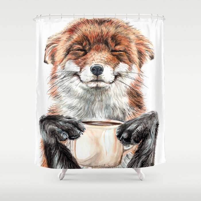 " Morning fox " Red fox with her morning coffee Shower Curtain