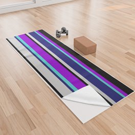 [ Thumbnail: Colorful Dark Violet, Turquoise, Midnight Blue, Light Gray & Black Colored Striped/Lined Pattern Yoga Towel ]