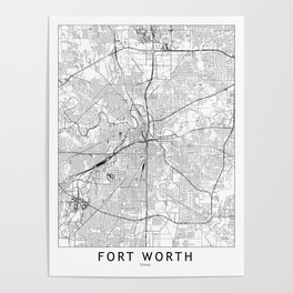 Fort Worth White Map Poster