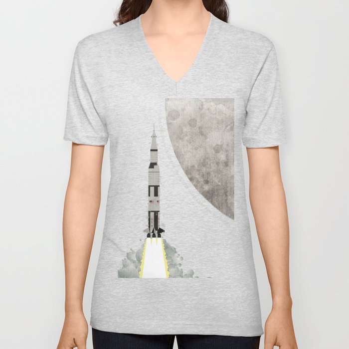Apollo Rocket Launch to the Moon V Neck T Shirt