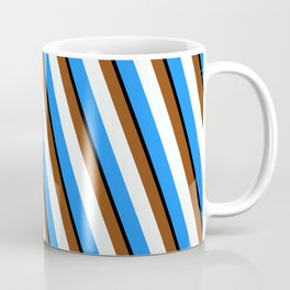 [ Thumbnail: Brown, Mint Cream, Blue, and Black Colored Pattern of Stripes Coffee Mug ]
