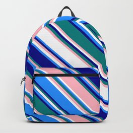 [ Thumbnail: Colorful Blue, Dark Blue, Teal, Light Pink, and White Colored Lines Pattern Backpack ]