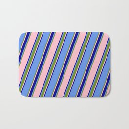 [ Thumbnail: Cornflower Blue, Green, Pink & Dark Blue Colored Striped/Lined Pattern Bath Mat ]