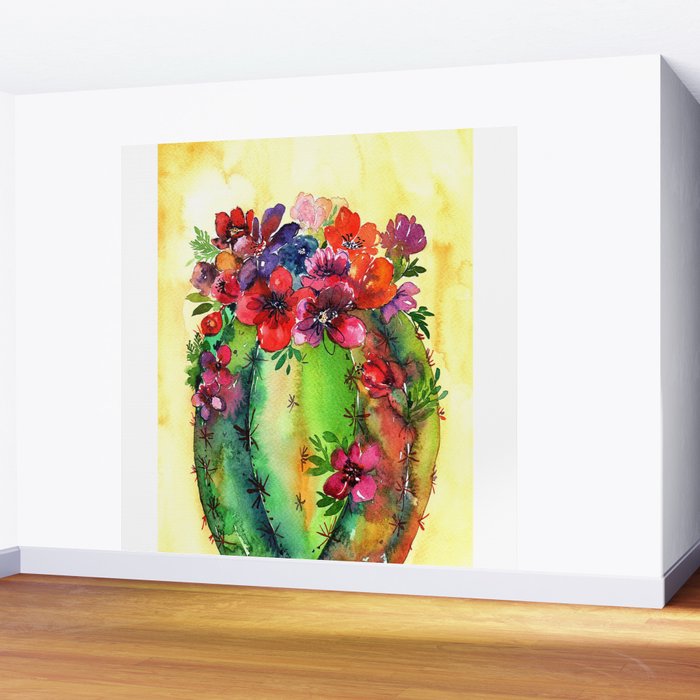 Honey Barrel Cactus Flowers Watercolor Wall Mural By Pinkpuddle
