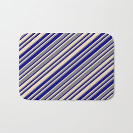 [ Thumbnail: Dark Blue, Tan, and Grey Colored Striped Pattern Bath Mat ]