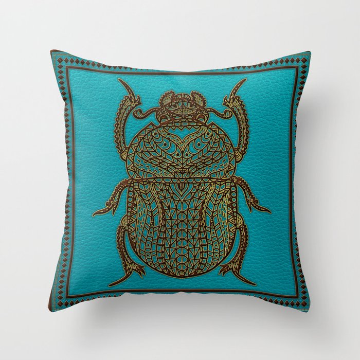 Egyptian Scarab Beetle - Leather & Gold on teal Throw Pillow