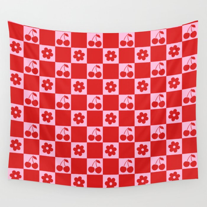 Cherry Flowers Pink & Red Checker Wall Tapestry