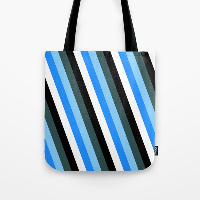 Dark Slate Gray, Light Sky Blue, Blue, White, and Black Colored Lines Pattern Tote Bag