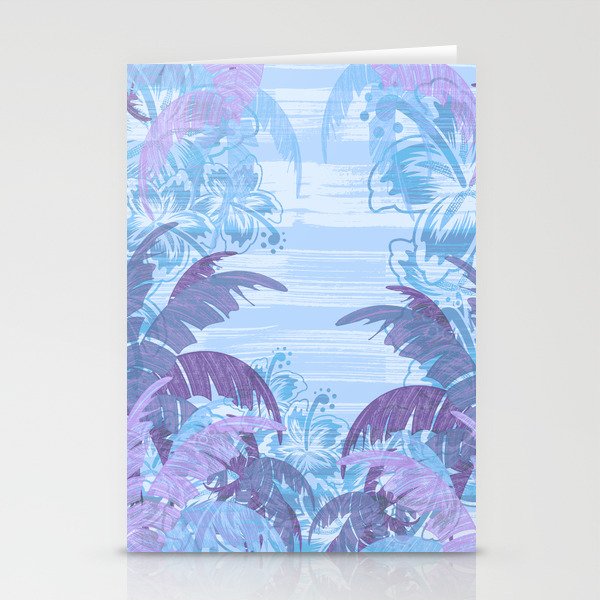 Polynesian Palm Trees And Hibiscus Blue Haze Abstract Stationery Cards