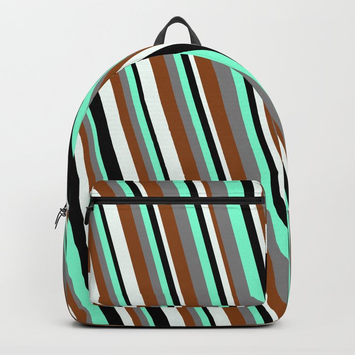 Eyecatching Aquamarine, Gray, Brown, Mint Cream, and Black Colored Striped/Lined Pattern Backpack
