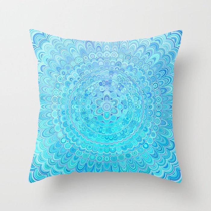 Light Blue Ice Flower Mandala Throw Pillow