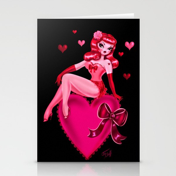 Retro Valentine Redhead Pinup Doll on a Big Heart Stationery Cards