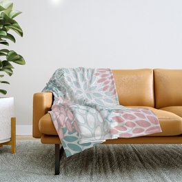 Floral Bloom, Teal, Green, Pink and White Throw Blanket