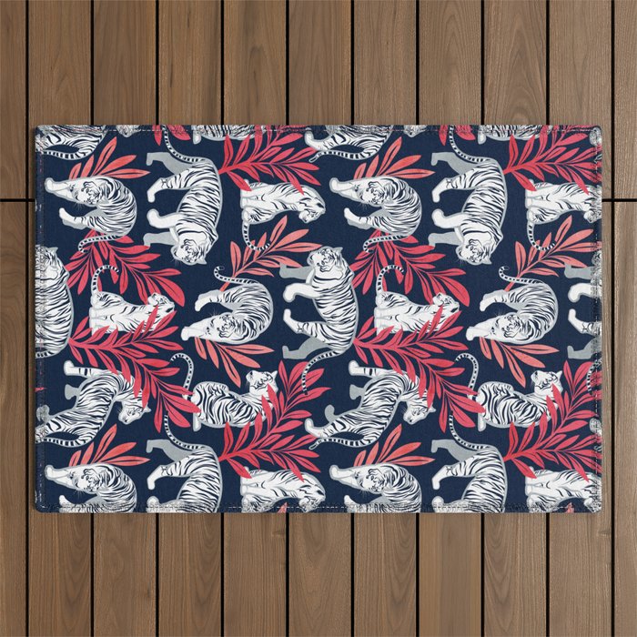 Nouveau white tigers // navy blue background red leaves silver lines white animals Outdoor Rug