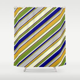 [ Thumbnail: Eyecatching Blue, Goldenrod, Green, Grey & Light Yellow Colored Pattern of Stripes Shower Curtain ]