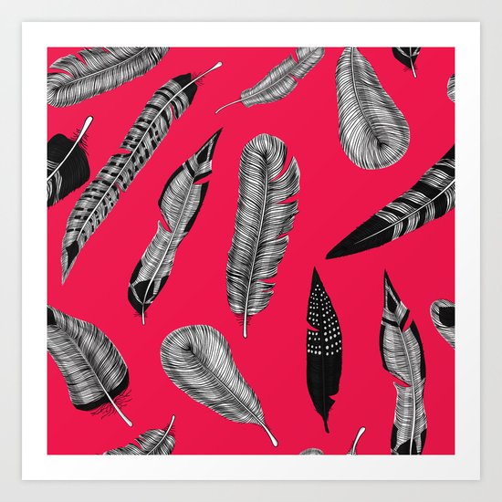 Seamless pattern with various hand drawn feathers on red background. Art Print