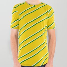 [ Thumbnail: Yellow, Beige & Green Colored Lined/Striped Pattern All Over Graphic Tee ]