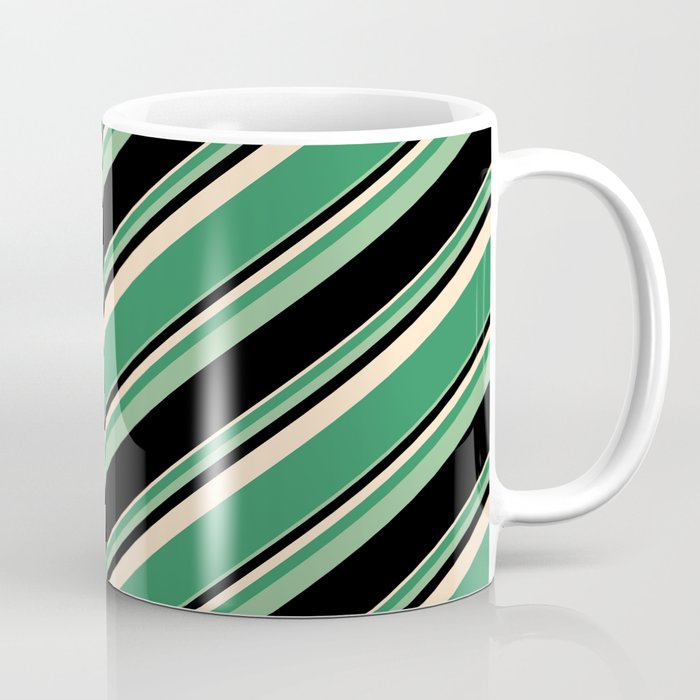 Bisque, Sea Green, Dark Sea Green, and Black Colored Lined Pattern Coffee Mug