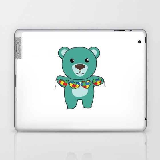 Autism Awareness Month Puzzle Heart Turquoise Bear Laptop & iPad Skin