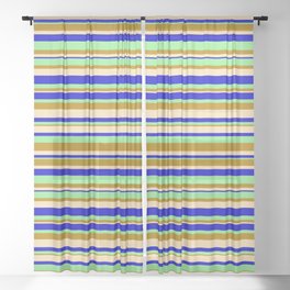 [ Thumbnail: Light Green, Dark Goldenrod, Beige, and Blue Colored Stripes/Lines Pattern Sheer Curtain ]