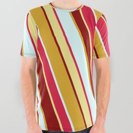 [ Thumbnail: Crimson, Tan, Dark Red, Goldenrod, and Light Cyan Colored Lines Pattern All Over Graphic Tee ]
