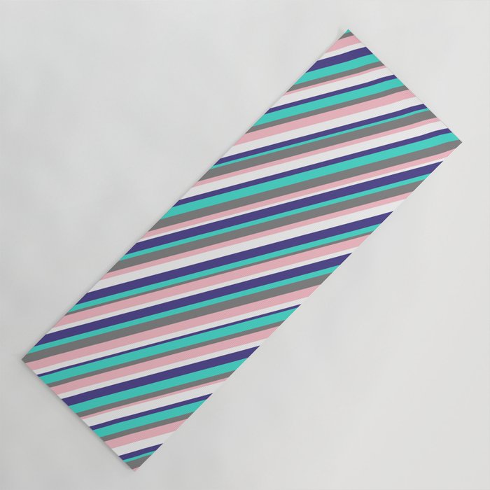 Vibrant Gray, Pink, White, Dark Slate Blue & Turquoise Colored Striped Pattern Yoga Mat