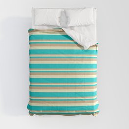 [ Thumbnail: Tan, Light Yellow, and Dark Turquoise Colored Lined Pattern Comforter ]