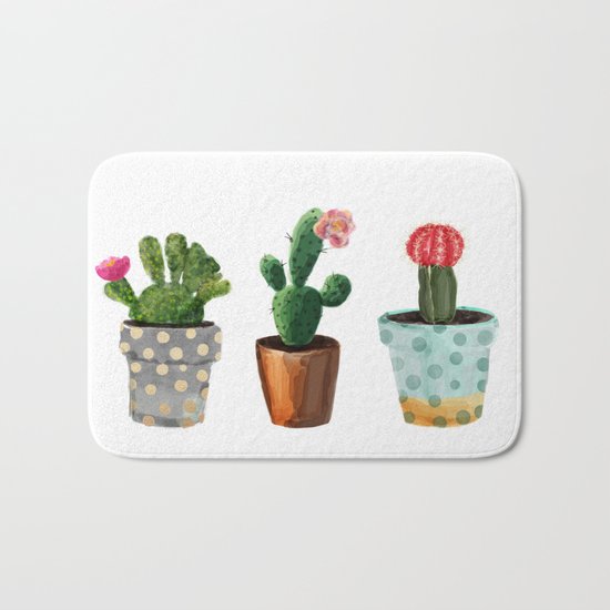 Three Cacti With Flowers On White Background Bath Mat