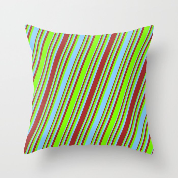 Light Sky Blue, Brown, and Green Colored Striped/Lined Pattern Throw Pillow