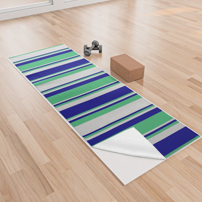 Blue, Sea Green, and Light Grey Colored Lines/Stripes Pattern Yoga Towel