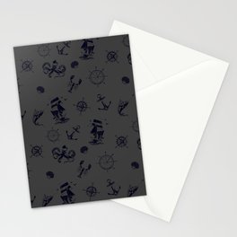 Dark Grey And Blue Silhouettes Of Vintage Nautical Pattern Stationery Card