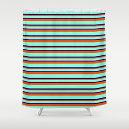 [ Thumbnail: Aquamarine, Blue & Red Colored Striped/Lined Pattern Shower Curtain ]